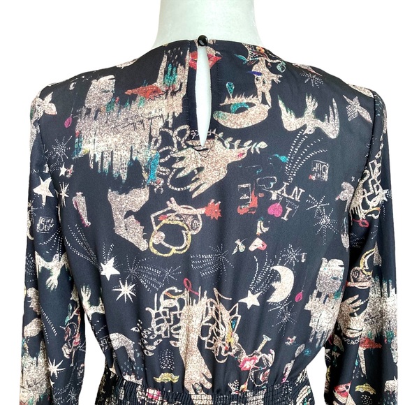 Nicole Miller NY black long puff sleeve blouse smocked waist holiday print XS - Picture 13 of 14